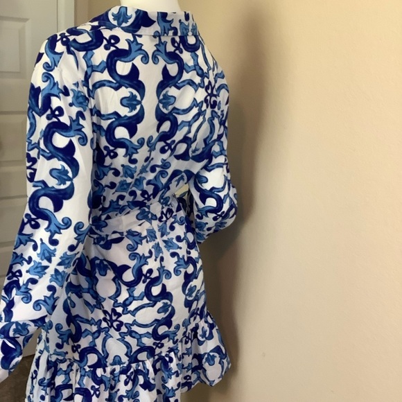 Blue and White Patterned Women's Shirt Dress - Picture 4 of 7